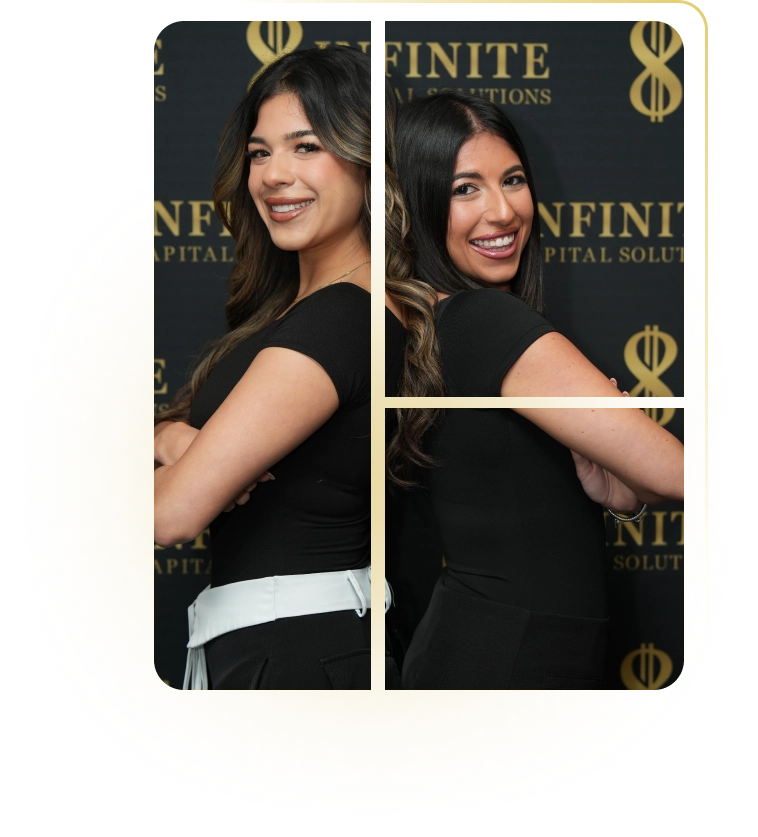 Two women standing back to back smiling with arms crossed against a black background with gold text.