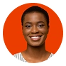 Smiling woman with short hair wearing a red shirt and white round collar against an orange background.