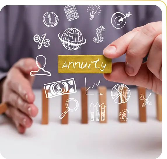Person holding a block labeled Annuity surrounded by financial icons like dollar sign, graph, and target.