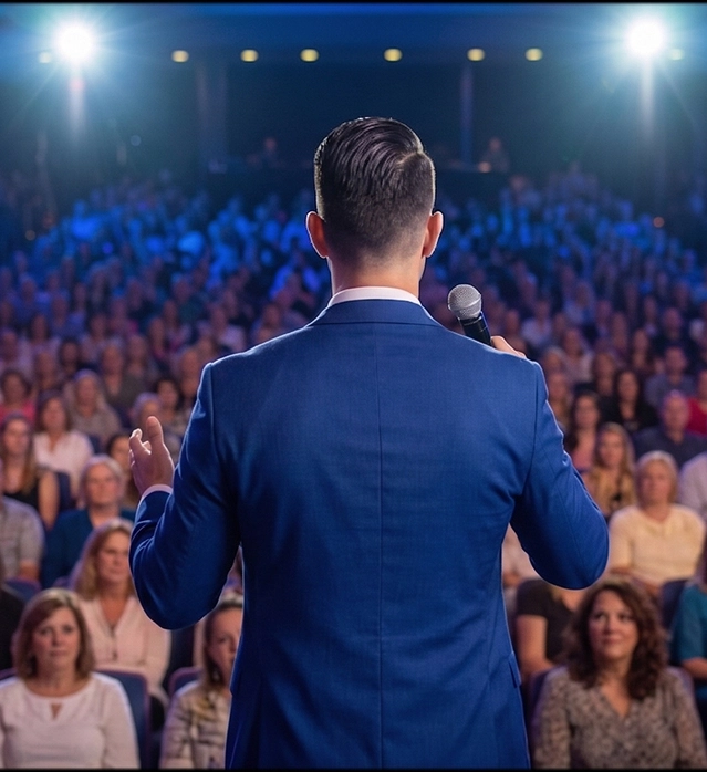 Man in blue suit speaking into microphone to large seated audience in a well-lit auditorium.