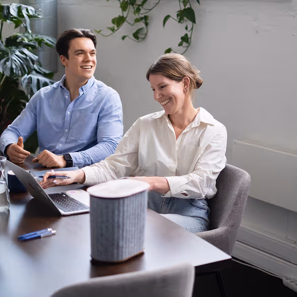 Two colleagues smiling while working on a laptop at a table in an office with plants.