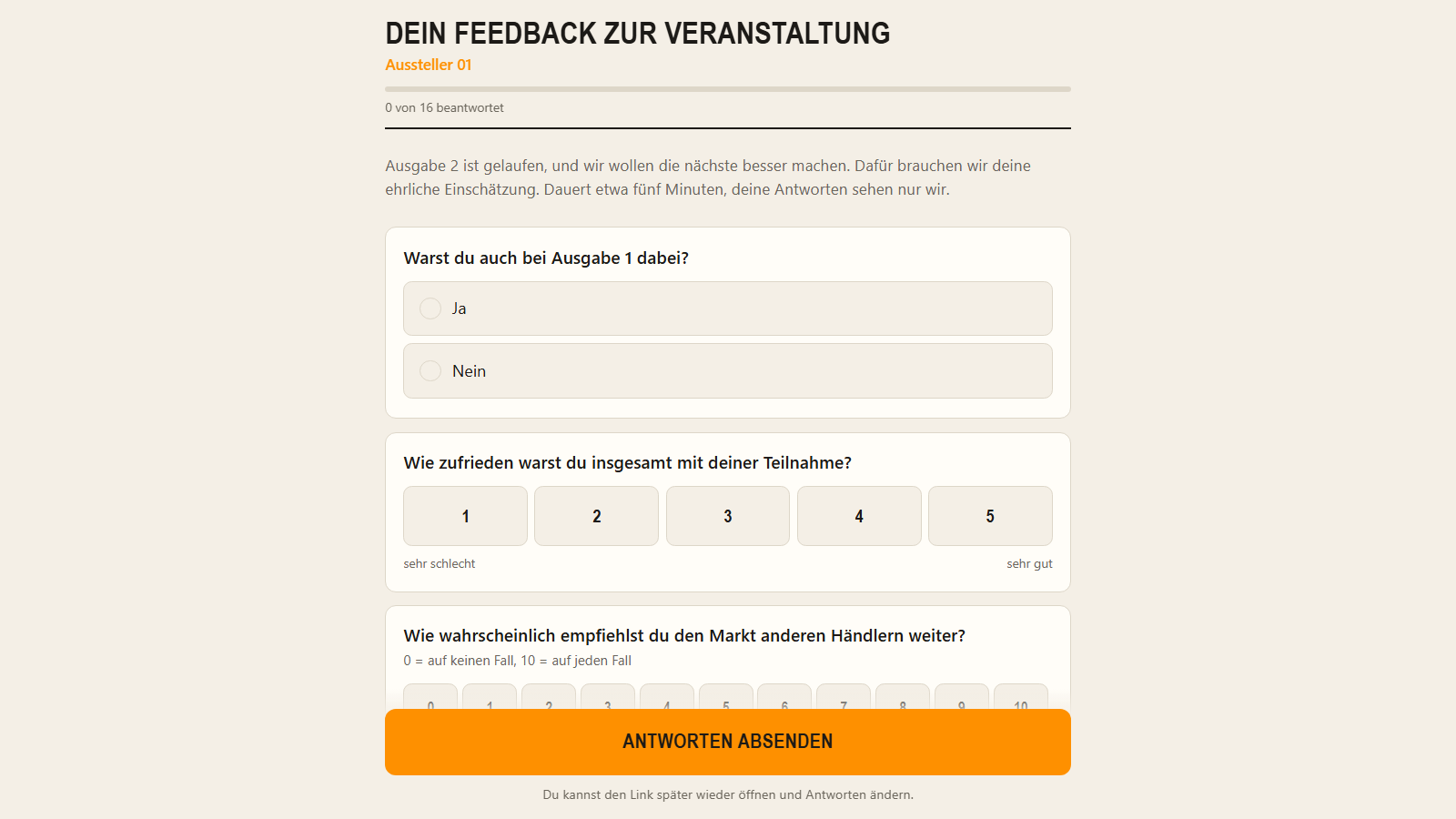 Fragebogen mit Ja/Nein-Auswahl, Zufriedenheitsskala 1 bis 5 und Weiterempfehlungsskala, ohne Antworten