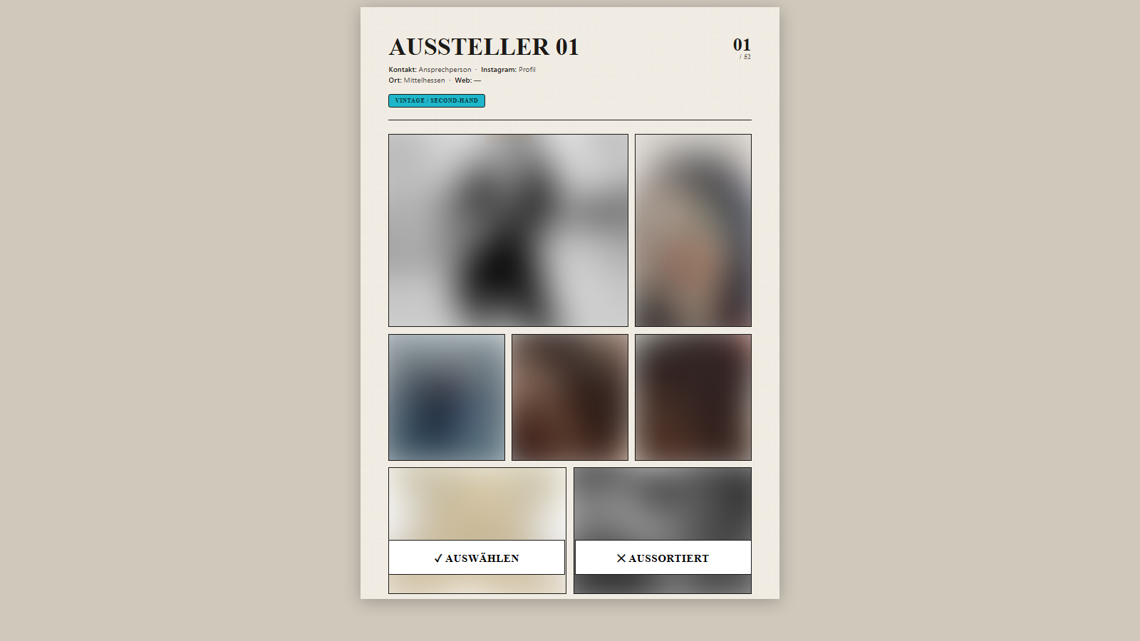 Auswahlblatt eines Ausstellers mit weichgezeichneter Bildcollage und den Schaltflächen Auswählen und Aussortiert