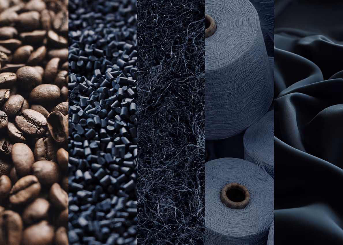 EECOFF patented fabric production process — coffee grounds, recycled polymer pellets, fibre, yarn and finished circular textile