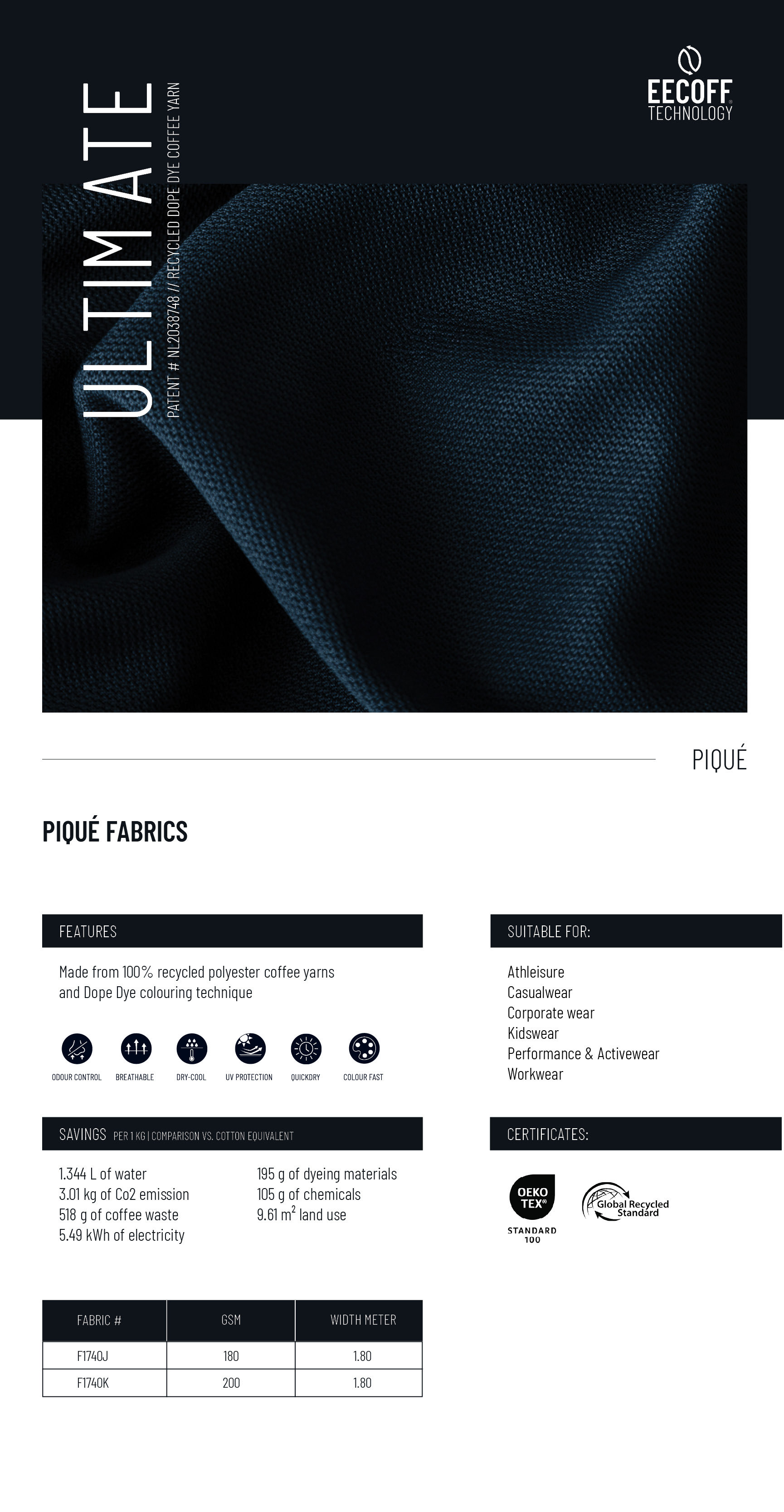 Piqué fabric made from recycled coffee yarn and dope dyed recycled polyester