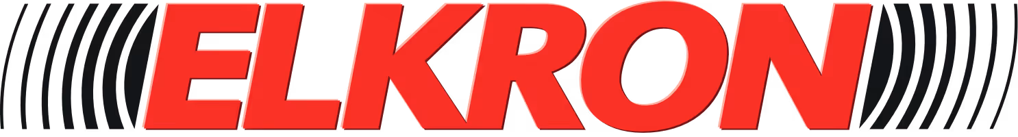 Logo con la scritta ELKRON in lettere rosse e uno sfondo di onde nere.