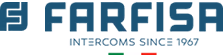 Logo Farfisa with the text Intercoms Since 1949 in blue and white.