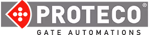 Logo PROTECO in white letters on gray background with red diamond and white dots.