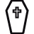 White coffin-shaped card icon with a skull in the center on a transparent background.