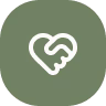 Two white hands forming a heart shape on a green circular background.