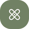 White geometric heart-shaped design formed by interlocking lines on olive green circle background.