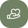 White outline of a hand holding a heart enclosed in a circle with a green background.