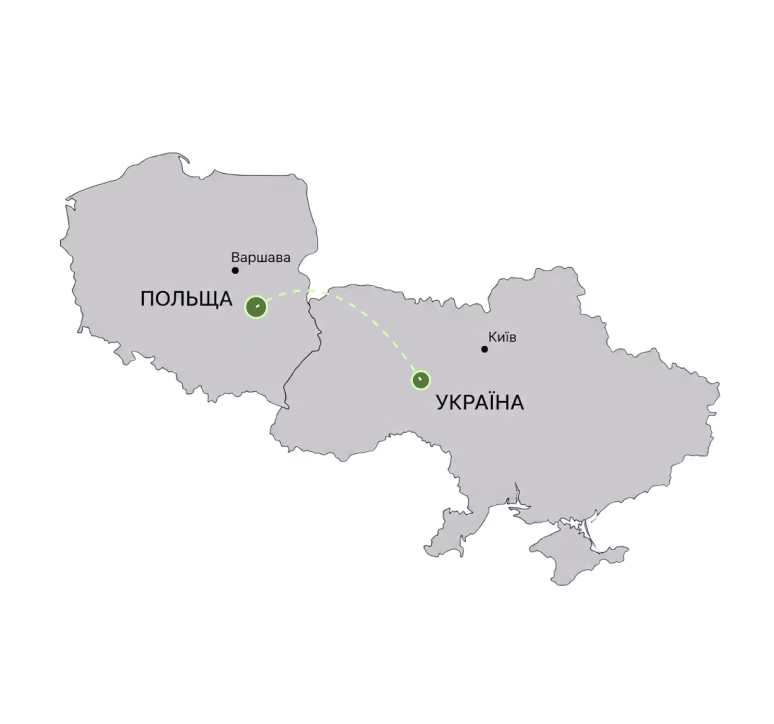 Map showing Poland and Ukraine with a dashed line connecting two marked locations.