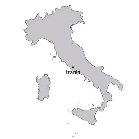 Gray map outline of Italy with surrounding islands on a black background.