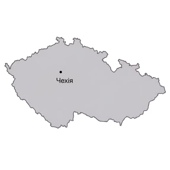 Gray map outline of Czechia with a central dot and label in Cyrillic script.