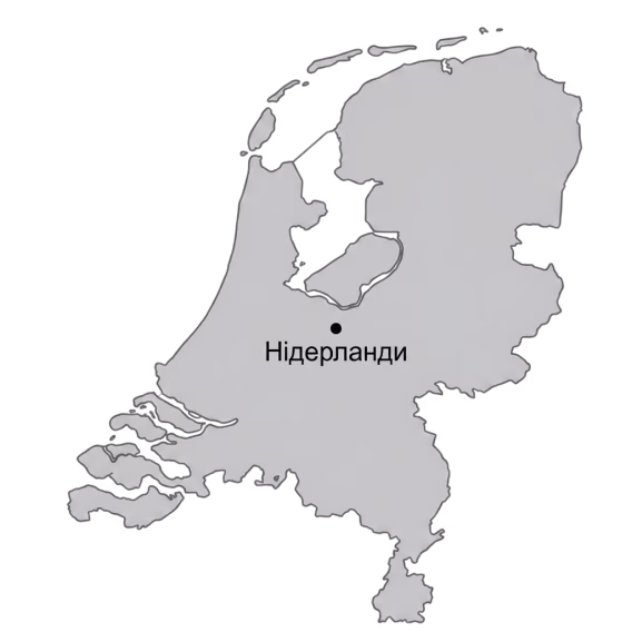 Gray map outline of the Netherlands with a central dot and text label in Cyrillic script.
