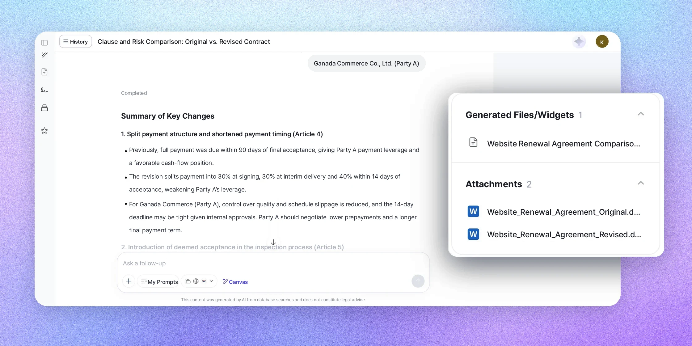 AI Legal Agent screen — contract comparison results with the generated files and attachments panel