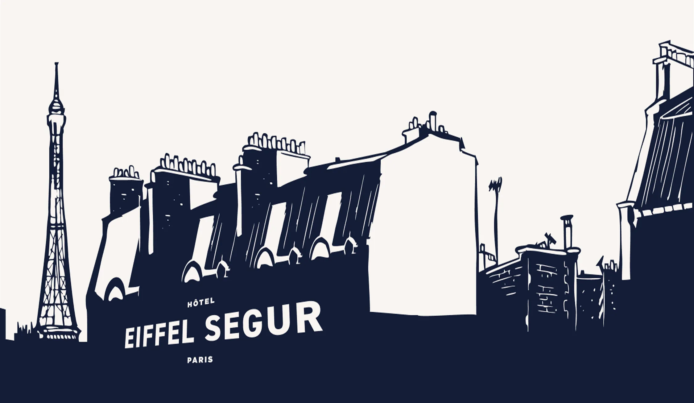 Dessin en silhouette d'un bâtiment et de la tour Eiffel à Paris avec le texte Hôtel Eiffel Segur.