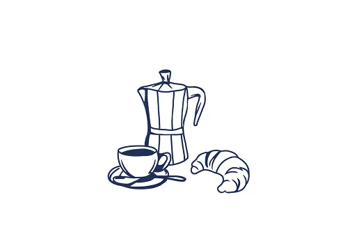 Dessin d'une cafetière moka, tasse de café avec soucoupe et croissant.