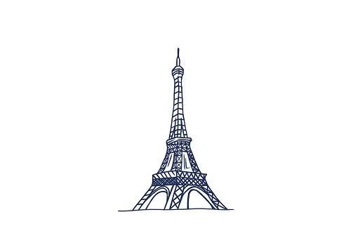 Dessin simple en ligne de la tour Eiffel sur fond blanc.