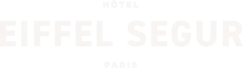 Logo Hôtel Eiffel Ségur Blanc with stylized Eiffel Tower icon and hotel name text in black.