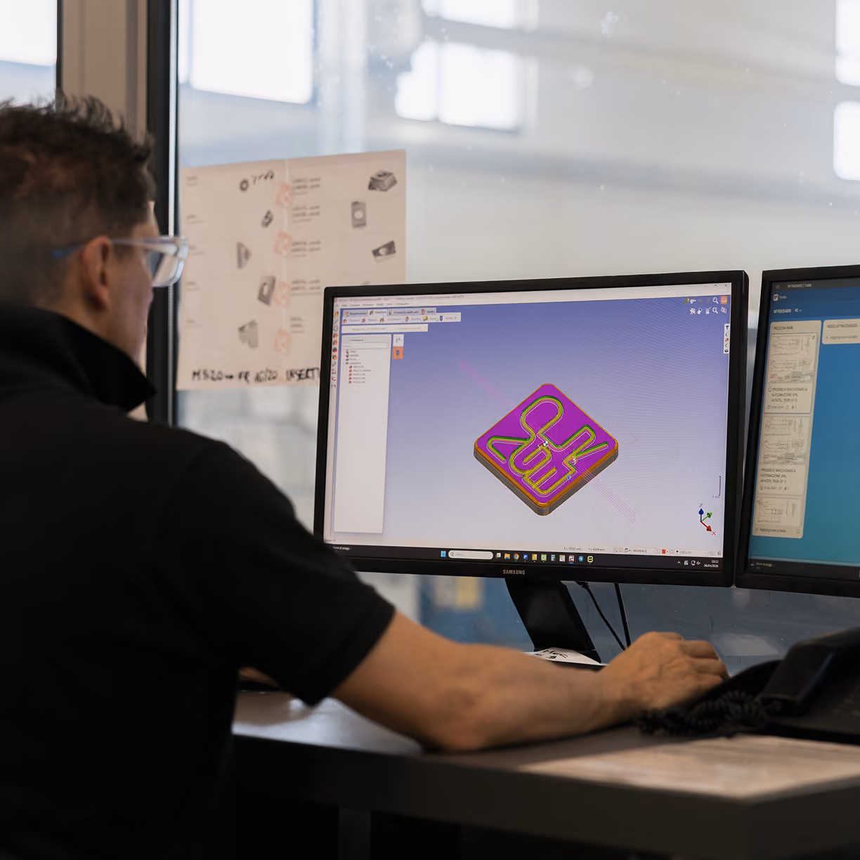 Persona seduta davanti a due monitor con software di progettazione 3D aperto, mostrando un modello tridimensionale colorato su uno schermo.