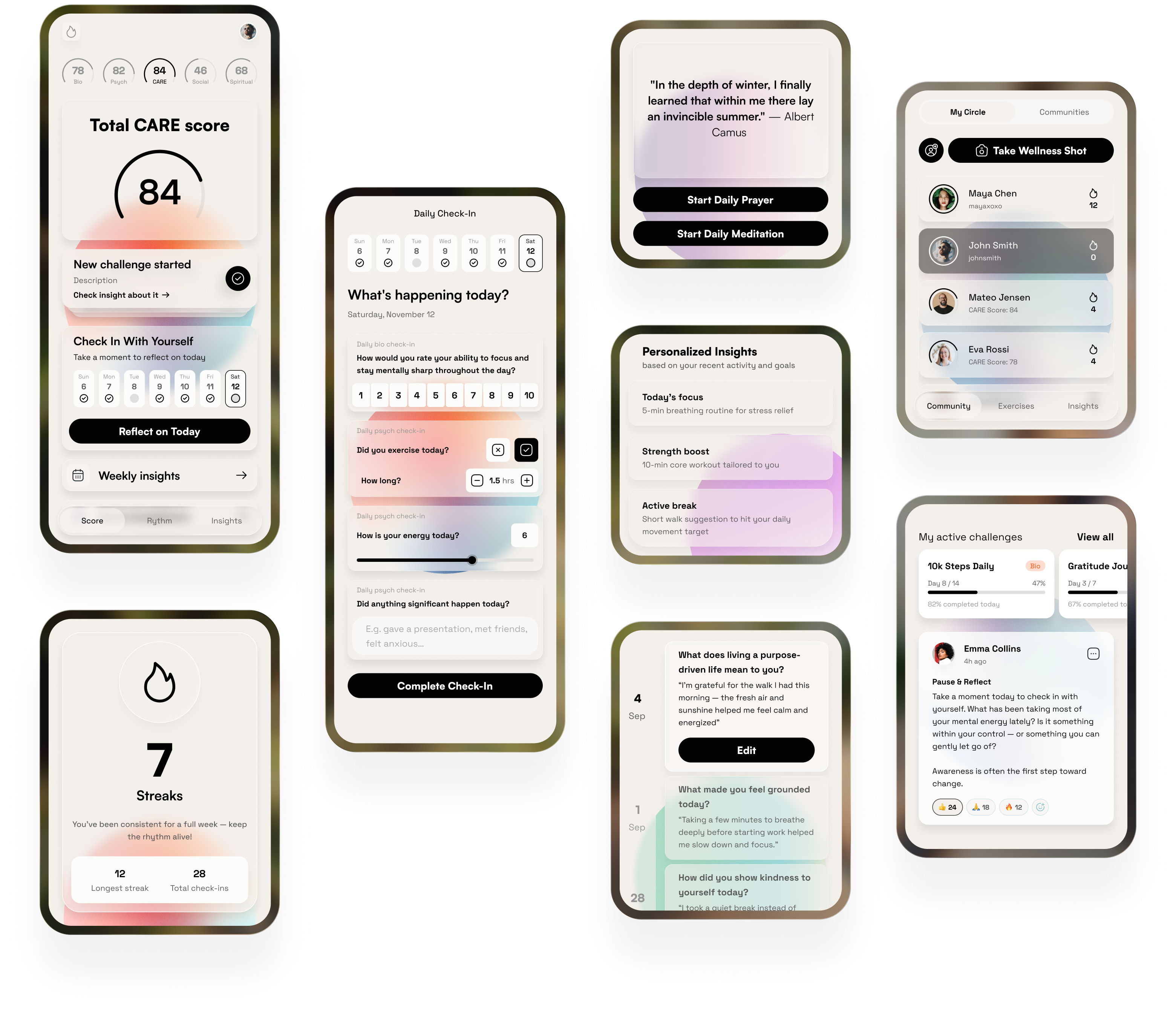 Seven CARE app screens showing score, daily check-in, insights, wellness circle, streaks, challenges, and reflection prompts.