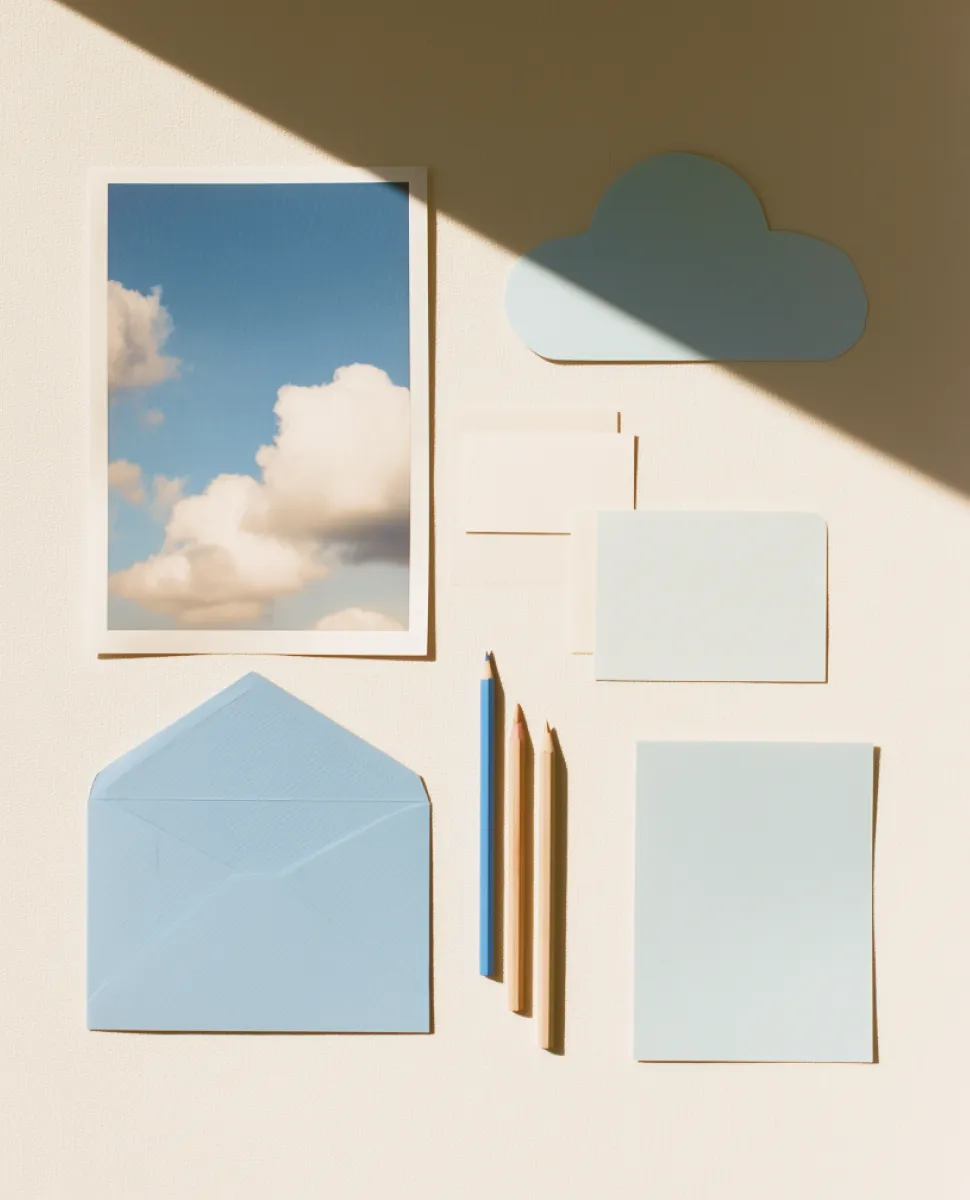 Stationery set with a sky photo, blue envelope, pencils, and cloud-shaped paper on beige background.