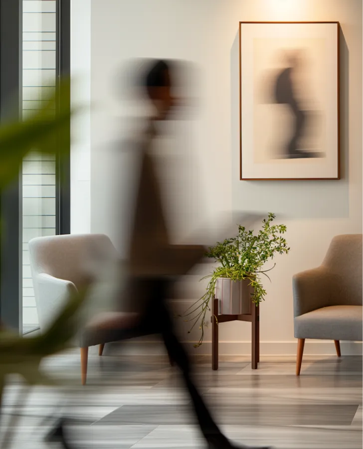 Blurred person walking past two gray armchairs and a potted plant in a modern, light room.