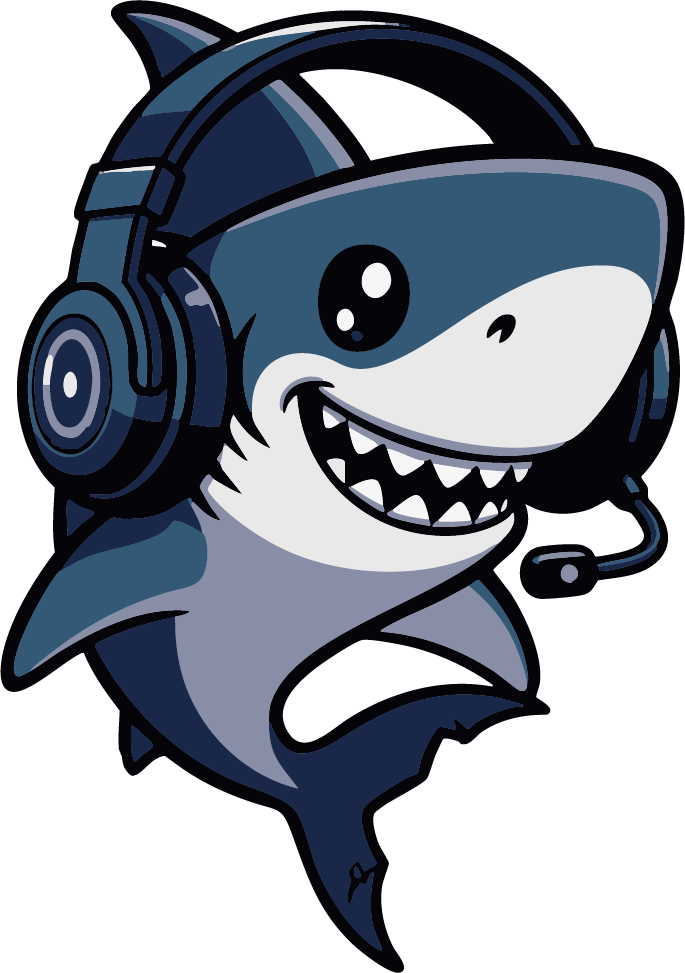 Illustration mascotte : un requin souriant avec un casque micro