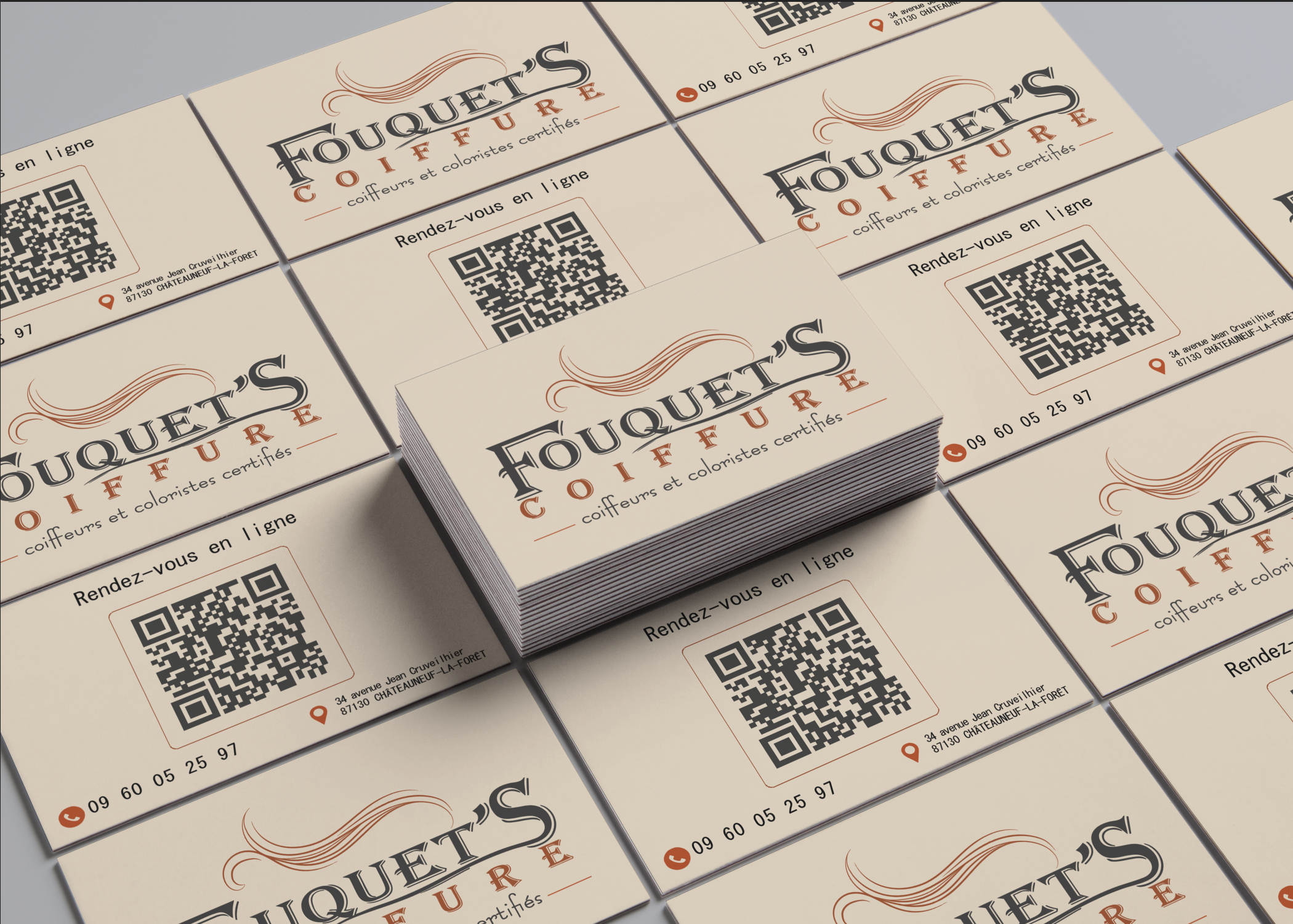 Cartes de visite de Fouquet's Coiffure à Châteauneuf-la-Forêt, avec logo, QR code de prise de rendez-vous et coordonnées