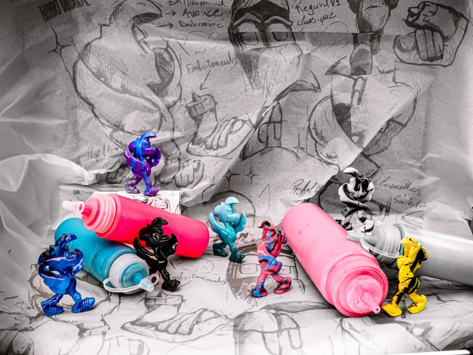 Artoy Mini Roger de plusieurs séries posés sur la planche de croquis de Roger, entre des flacons de peinture rose, bleue et grise