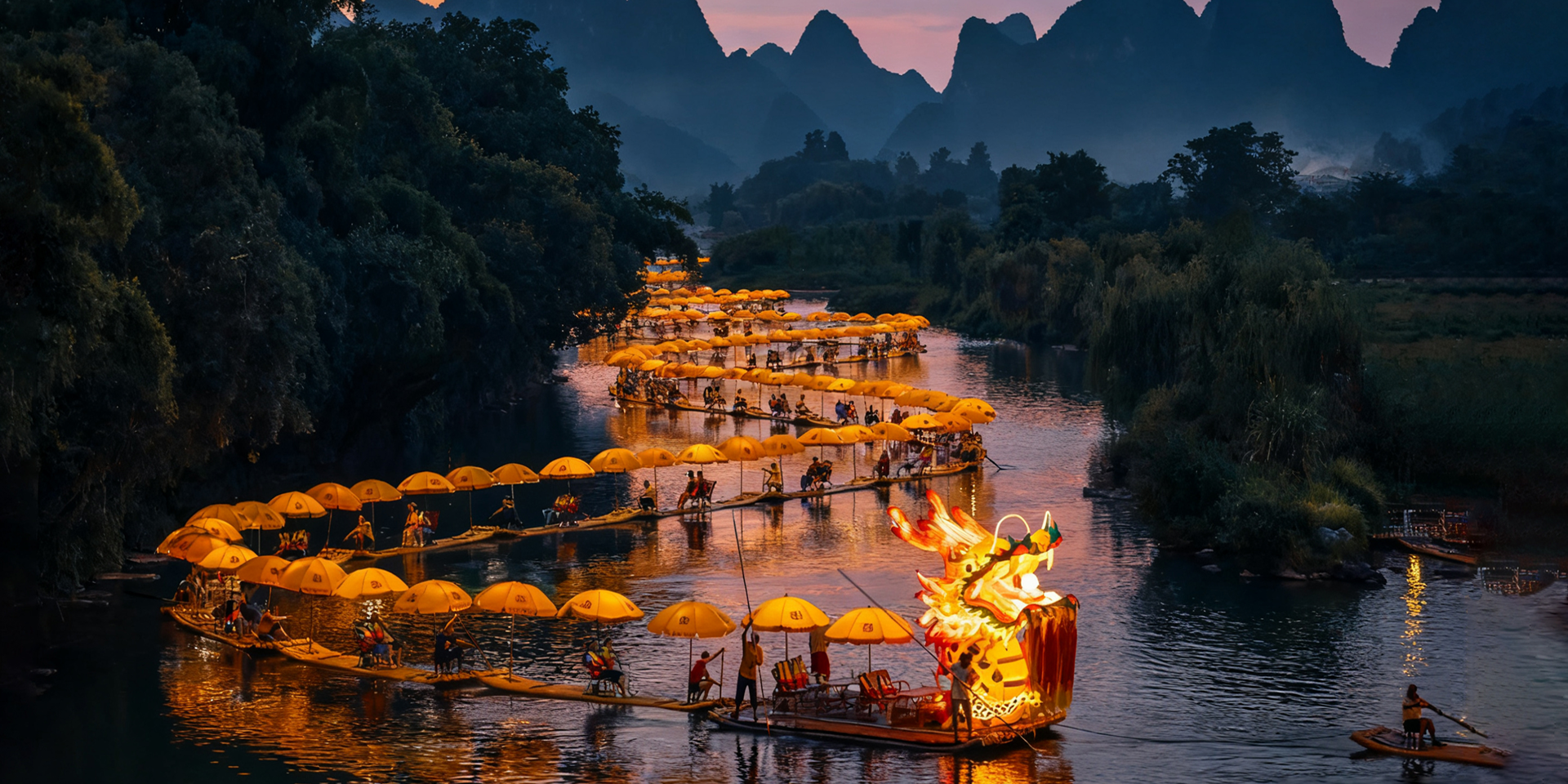 Illuminated dragon boat and bamboo rafts on a river at dusk among karst mountains — TravelToQin journeys
