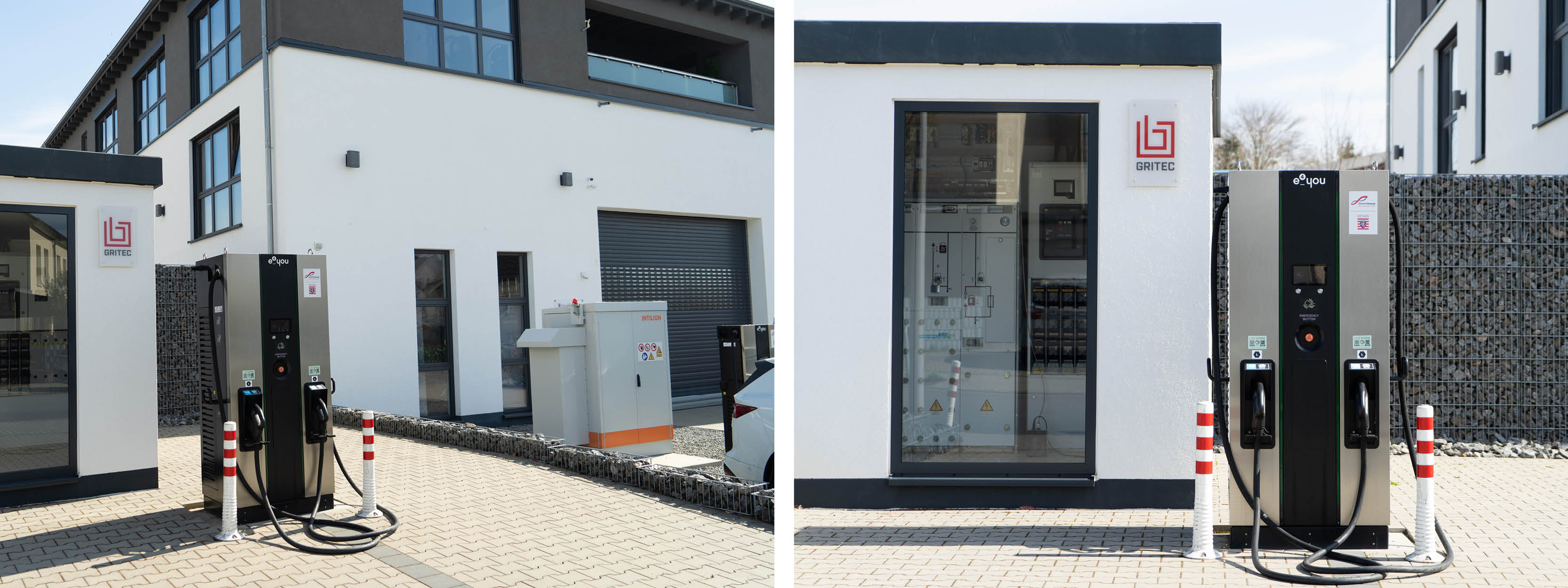 GRITEC Trafostation mit Mittelspannungsschaltanlage und zwei e-you Schnellladesäulen vor dem Firmengebäude der Pfeffer GmbH