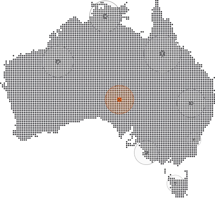 Map of Australia with seven circular markers of varying sizes, one in orange centrally located and six in gray distributed across the country.