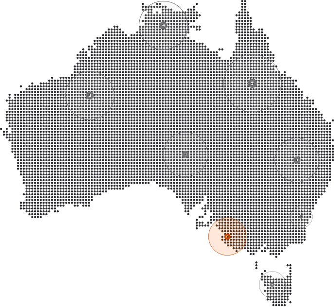 Map of Australia marked with seven circular dotted locations, one highlighted in orange on the southeastern coast.