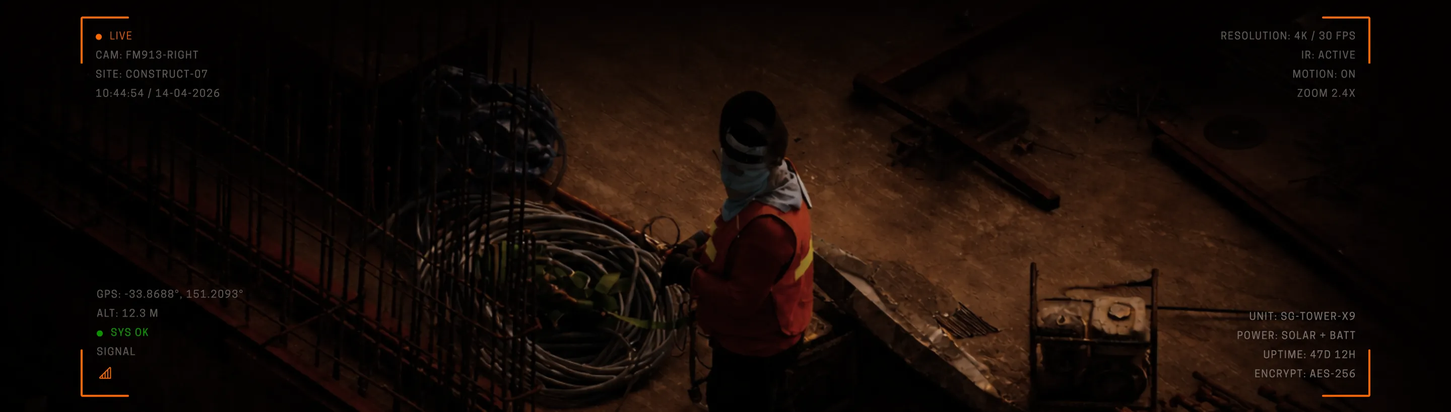 Construction worker wearing helmet and vest standing on a construction site at night.