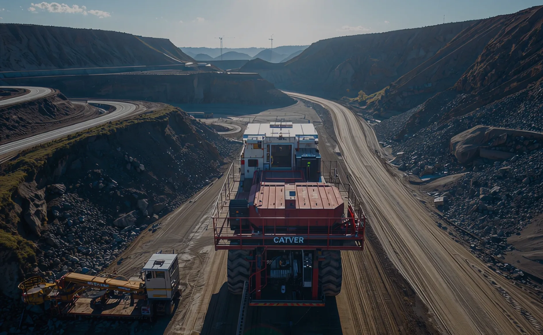 Large mining truck with CATVER label driving on a dirt road in an open-pit mine.