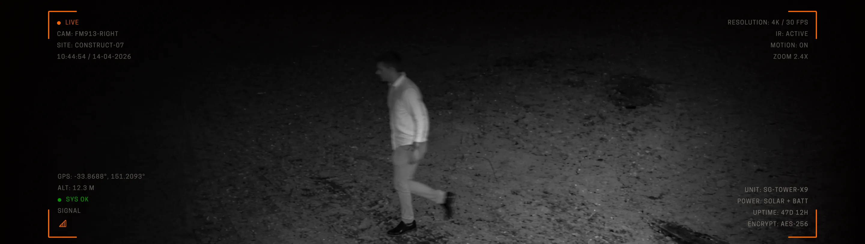 Night vision security camera footage showing a person walking on a rocky ground.