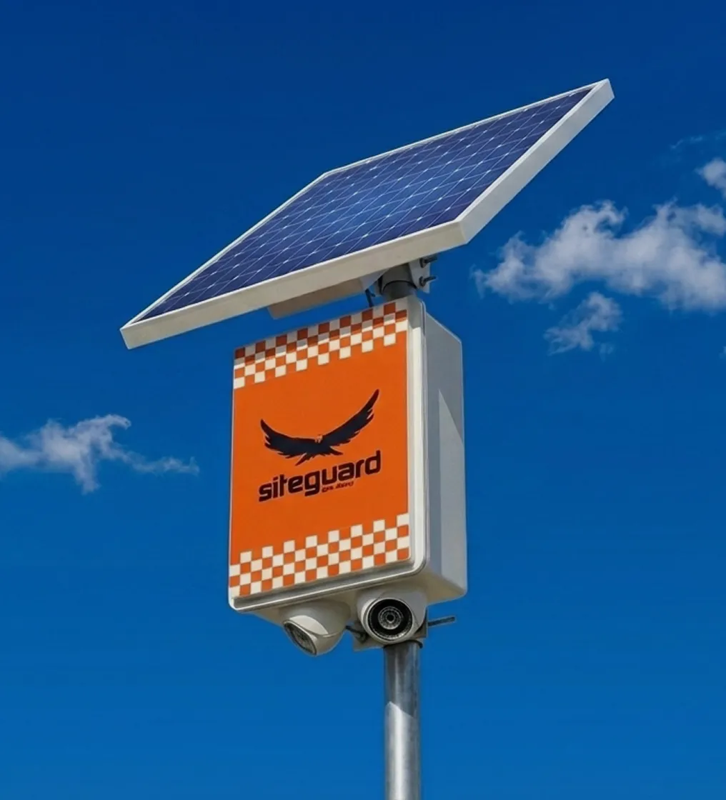 Siteguard camera head with two cameras under a solar panel at the top of a mast against a blue sky