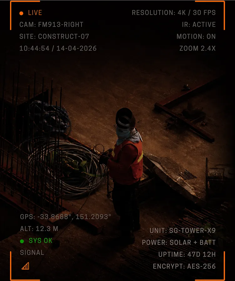 Construction worker in orange safety vest and helmet handling cables at a dimly lit site.