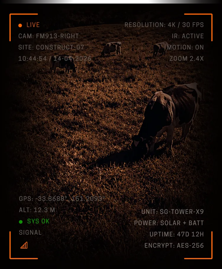Live surveillance footage of black and white cows grazing on grass with on-screen camera data overlay.
