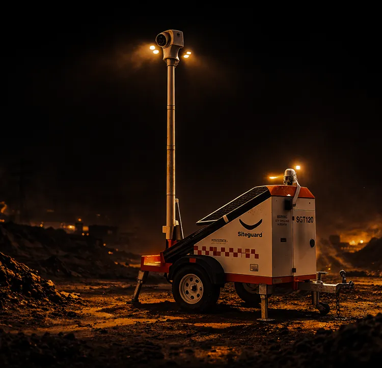 Mobile security camera unit on a construction site at night with lights illuminating the area.