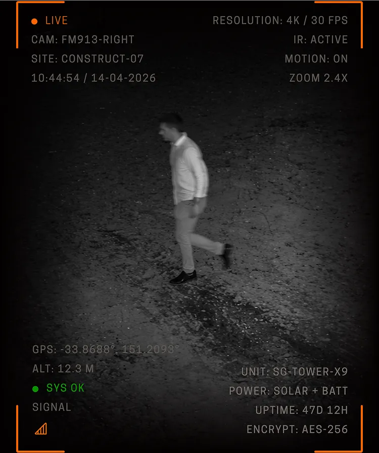 Infrared night image of a man walking on rough ground captured by a security camera in 4K resolution.