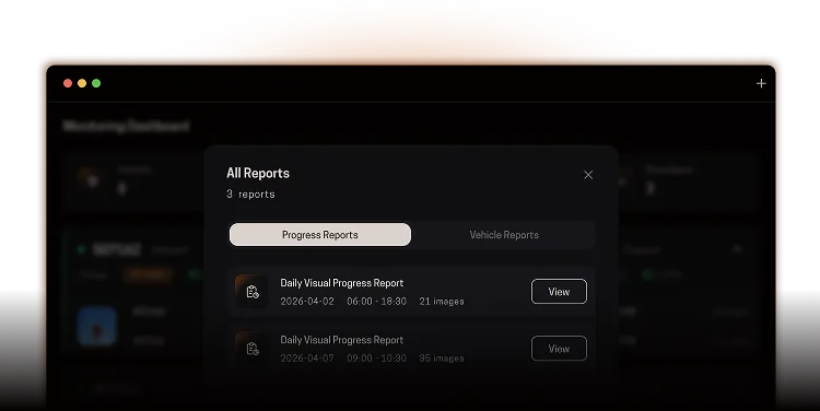 Dashboard displaying progress reports list with dates, times, image counts, and view buttons.