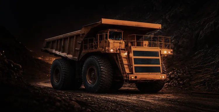 Large orange mining dump truck on a dirt road inside a dark mine.