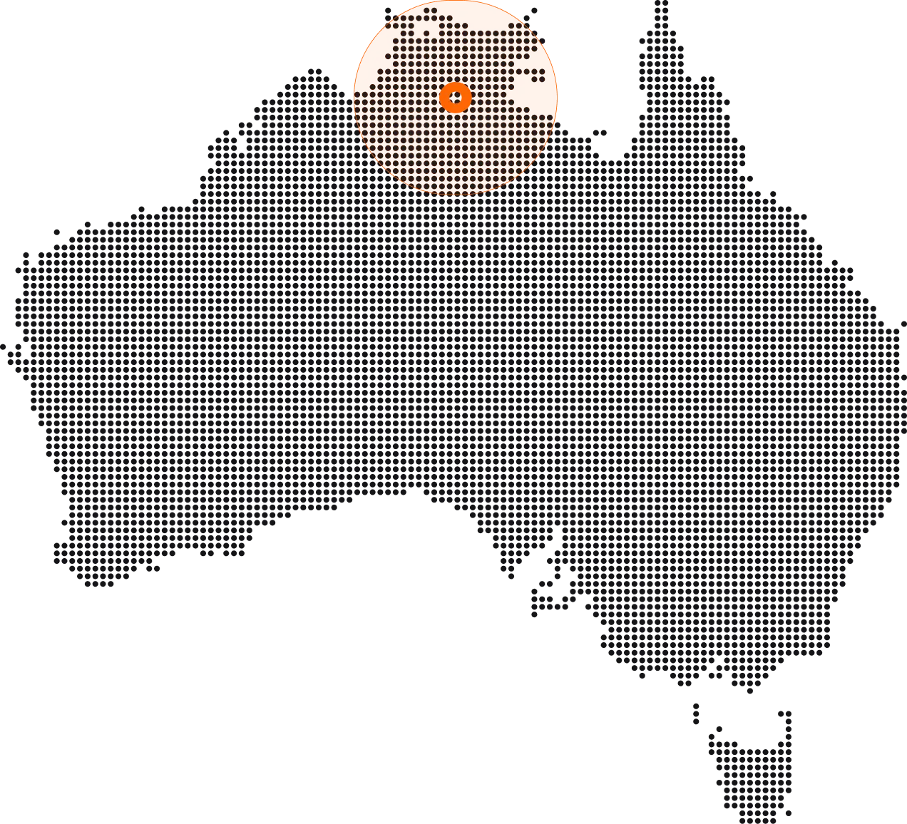 Dotted map of Australia with a magnified orange circle highlighting the northern coastal region.
