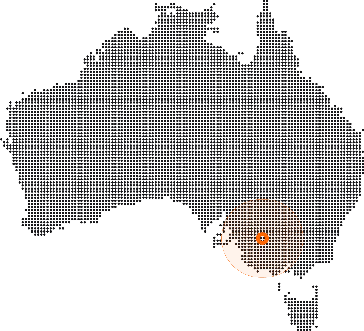 Dot map of Australia with an orange highlighted circular region in the southeastern coastal area.