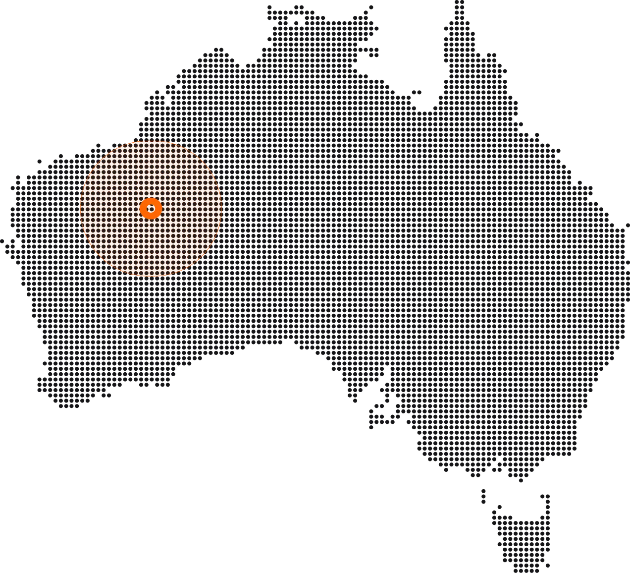 Dotted map of Australia with an orange circular highlight over the western region.