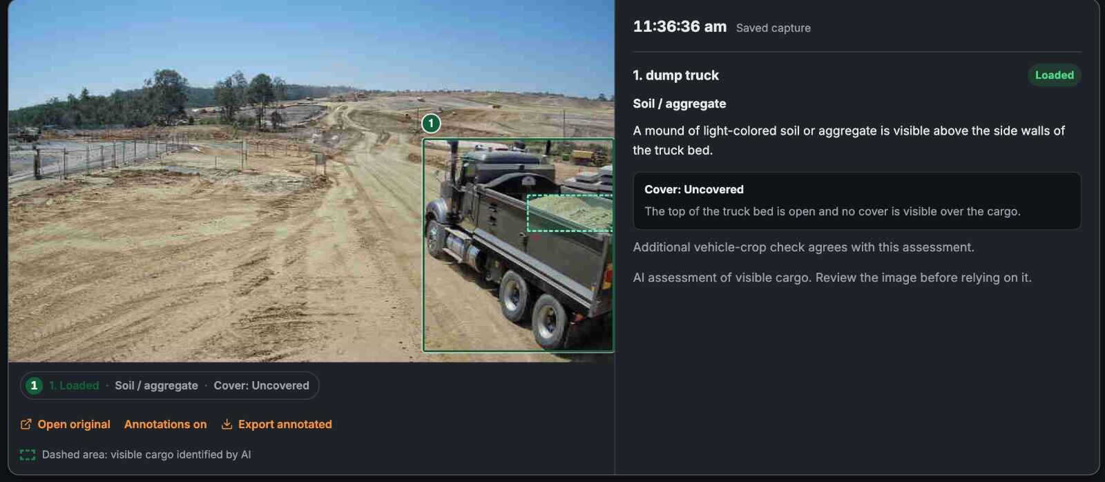 Saved camera capture of a loaded dump truck on a dirt haul road, with the soil load highlighted and its cover status marked as uncovered for review